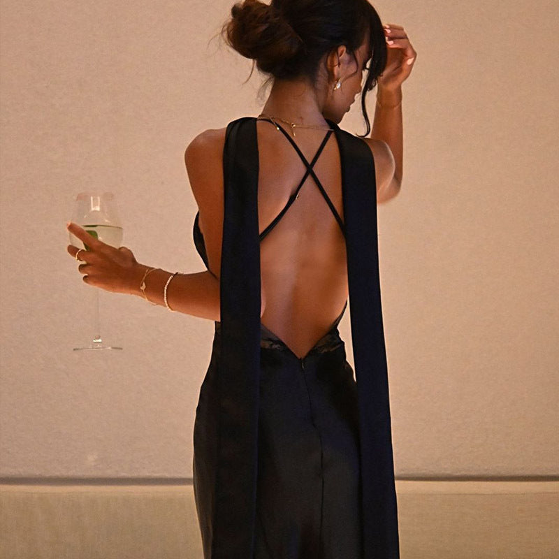 Sexy Lace Stitching V-neck Backless Sling Dress & Scarf