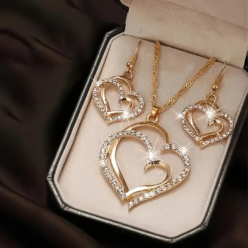Double-layer Heart-shaped Pendant Necklace and Earring Set