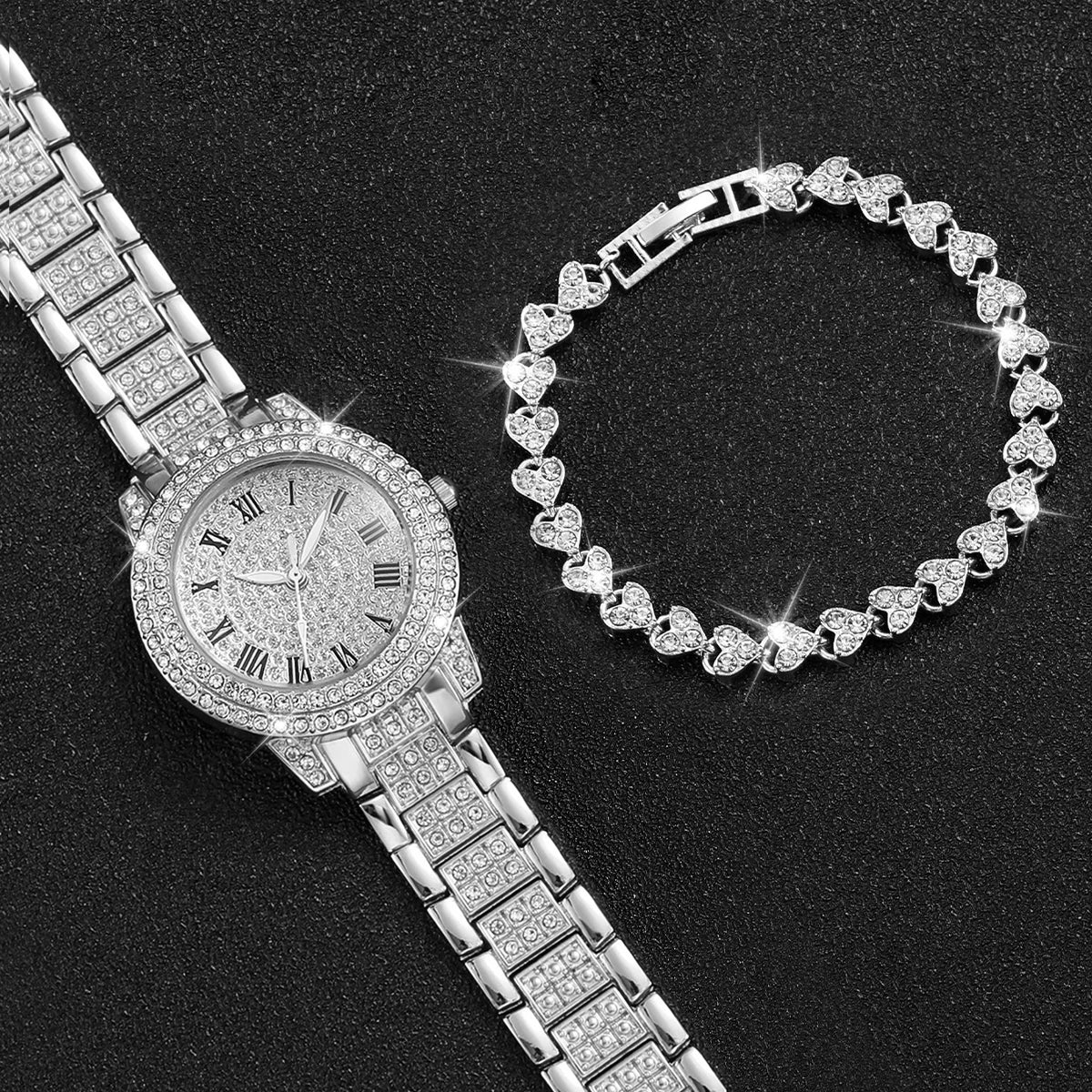 2pcs Women Stainless Steel Band Diamond Watch and Bracelet Set