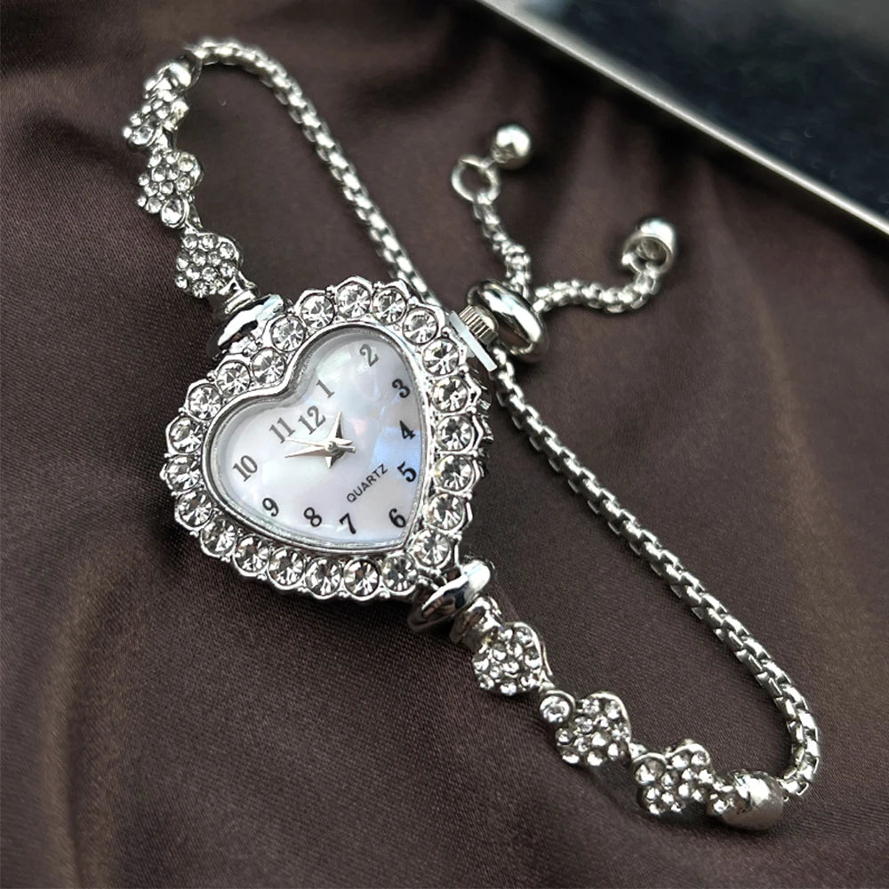Heart-shaped Diamond-Studded Flower Watch with Adjustable Bracelet