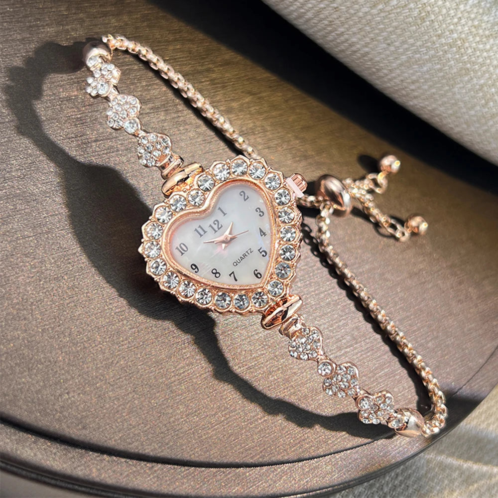 Heart-shaped Diamond-Studded Flower Watch with Adjustable Bracelet