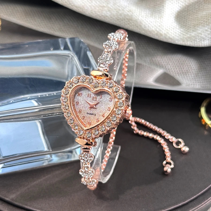 Heart-shaped Diamond-Studded Flower Watch with Adjustable Bracelet