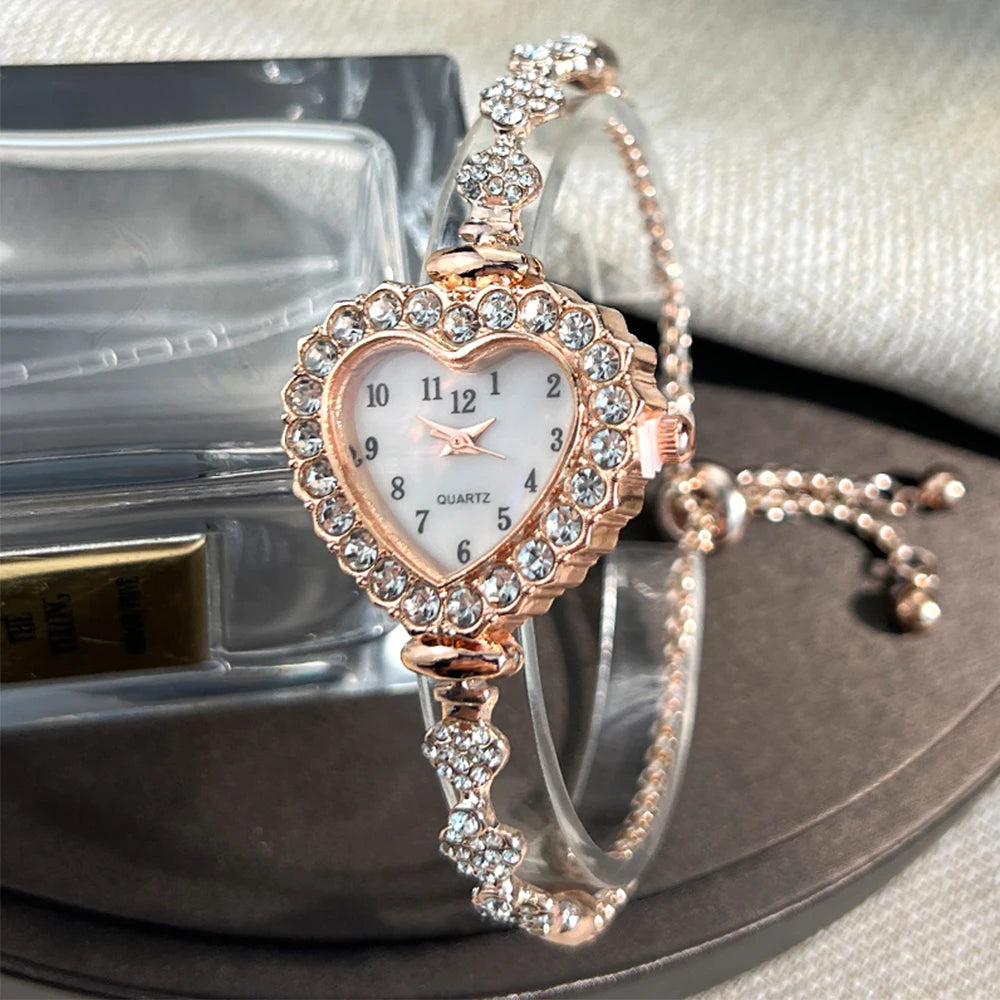 Heart-shaped Diamond-Studded Flower Watch with Adjustable Bracelet