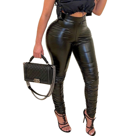 Skinny Pleated Pu Leather Pants