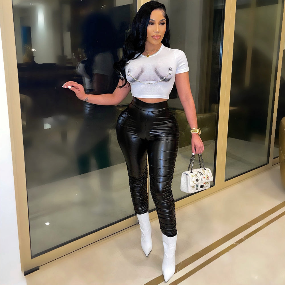Skinny Pleated Pu Leather Pants