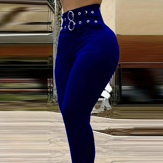 Solid Color Buckle High Waisted  Pants