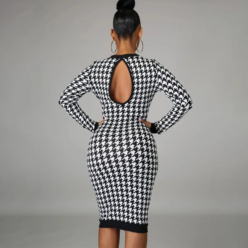 Elegant Houndstooth Print  Long Sleeve Midi Dress