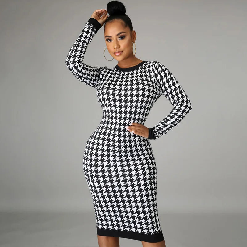 Elegant Houndstooth Print  Long Sleeve Midi Dress