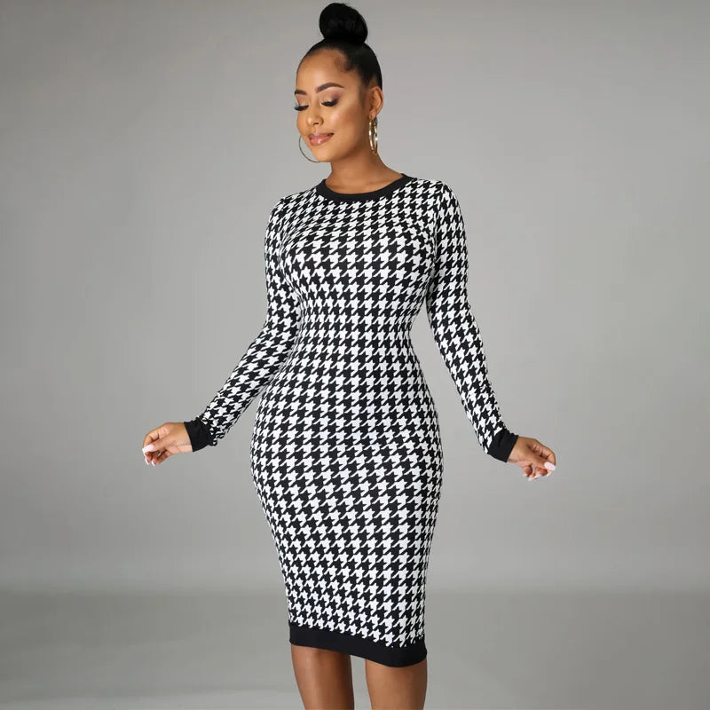 Elegant Houndstooth Print  Long Sleeve Midi Dress