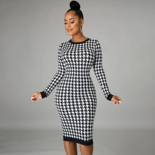 Elegant Houndstooth Print  Long Sleeve Midi Dress