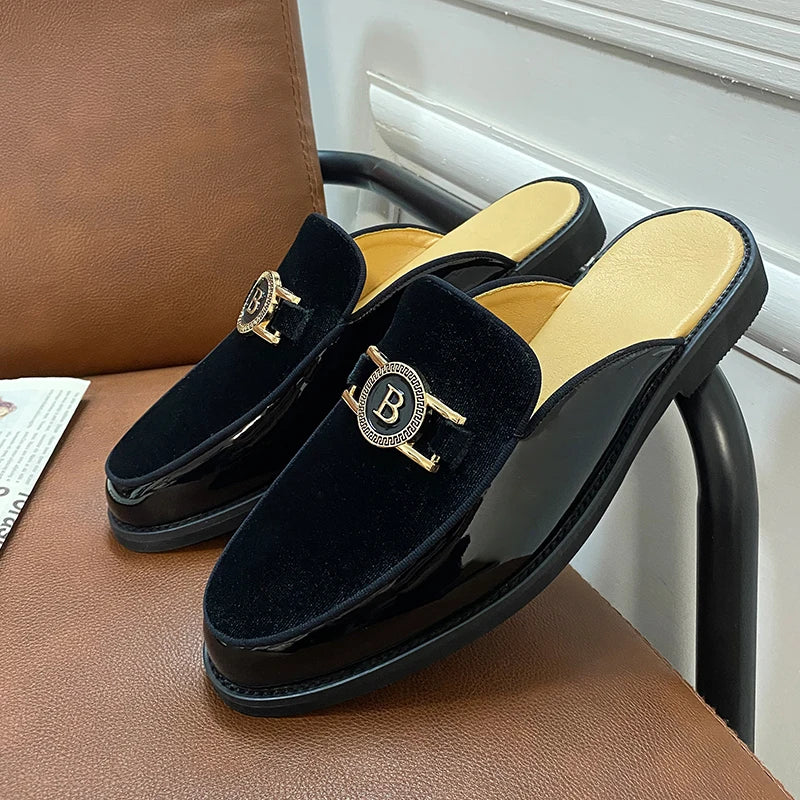 New Fashion Half Slippers Suede Patchwork Metal Buckle