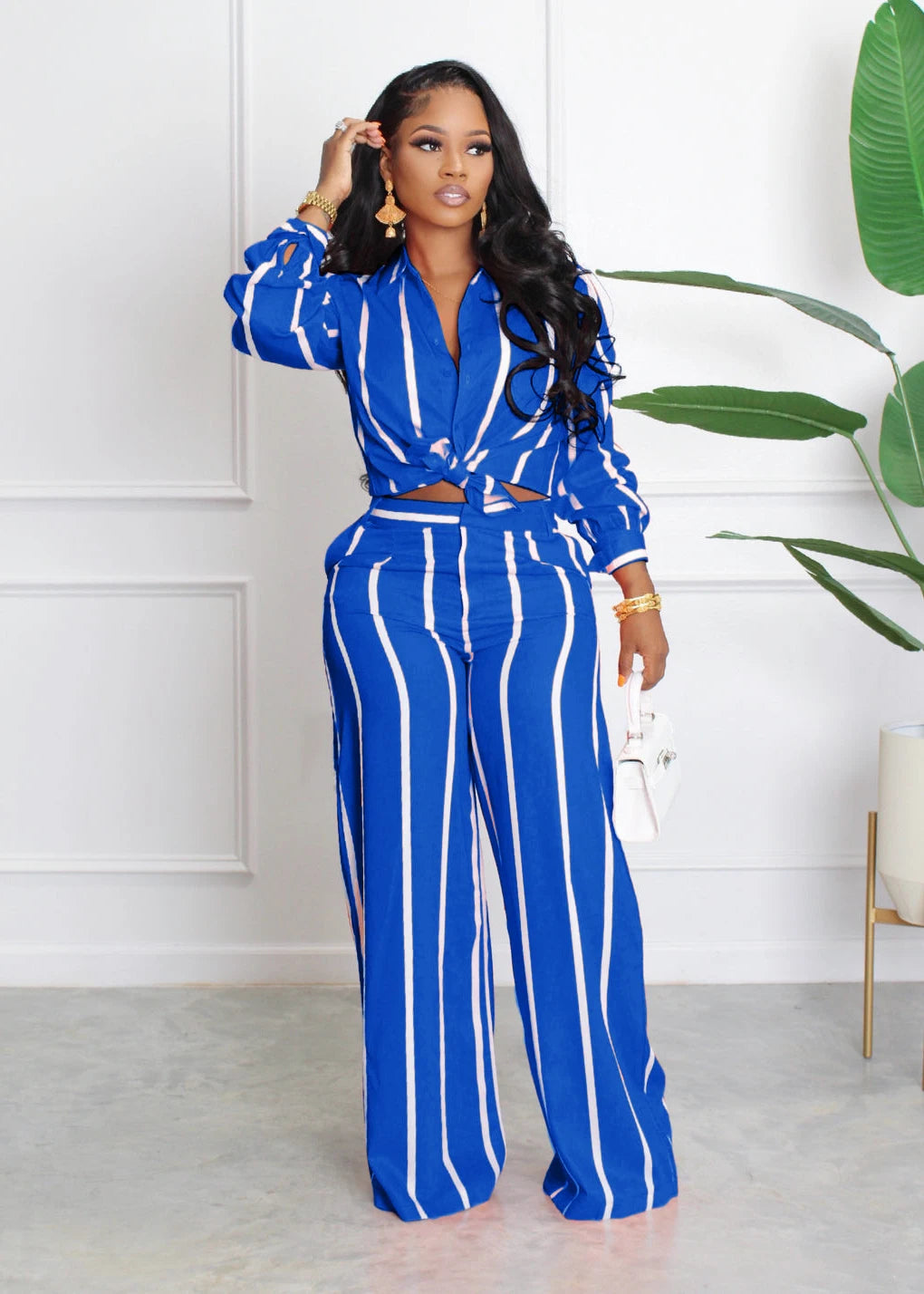 Striped Shirt, Long Sleeve, Loose-Fit Pants, Two-piece Suit Set