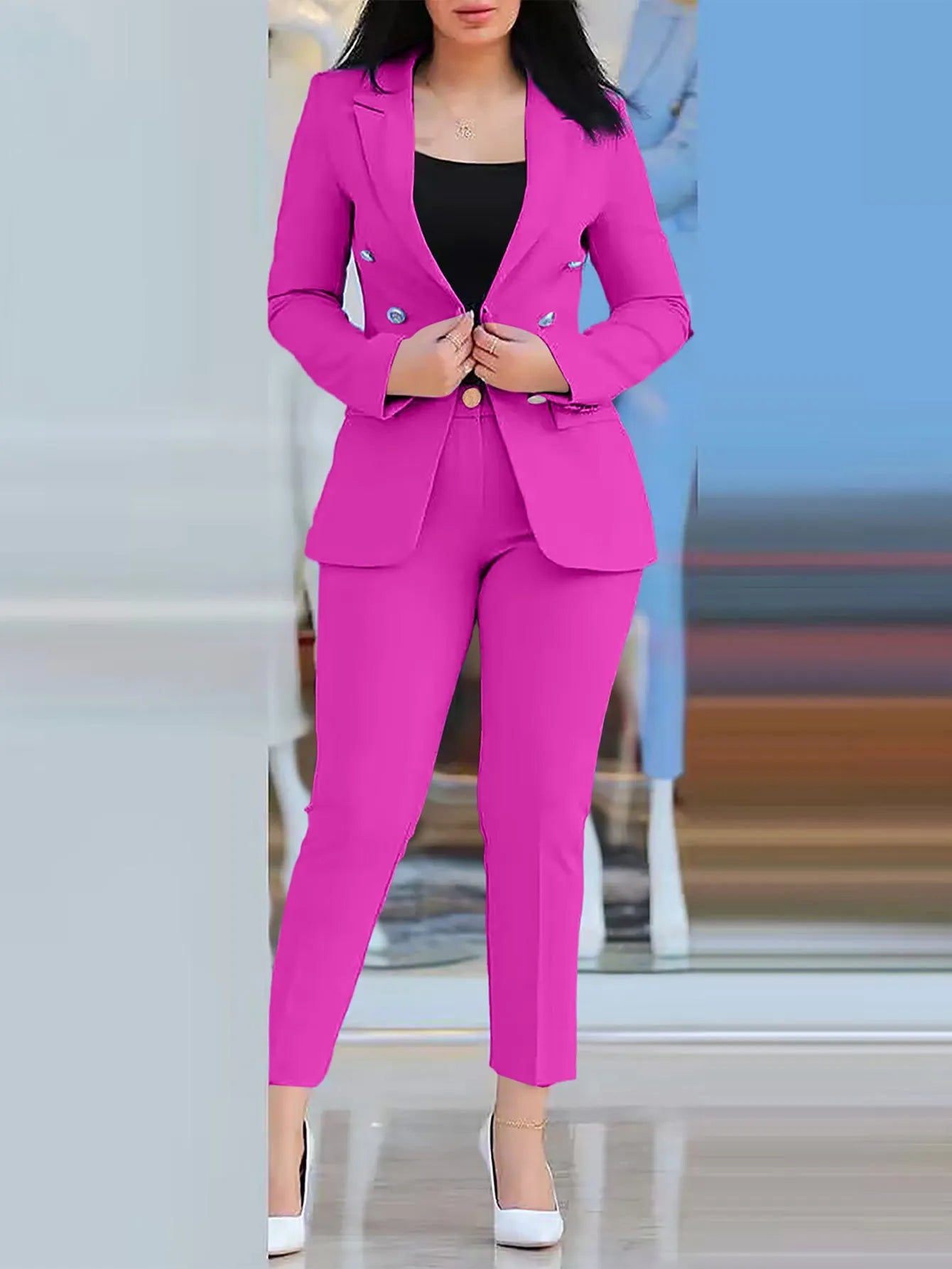 Elegant 2 Piece Long Sleeve Blazer & High Waist Pants Set