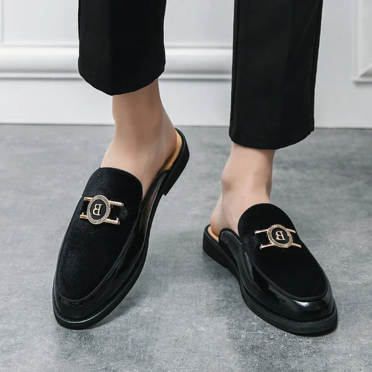 New Fashion Half Slippers Suede Patchwork Metal Buckle
