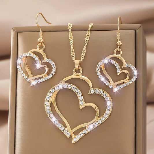 Double-layer  Heart-shaped Pendant Necklace and Earring Set