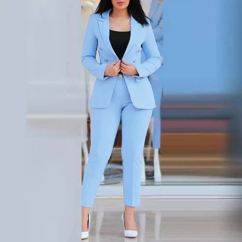 Elegant 2 Piece Long Sleeve Blazer & High Waist Pants Set