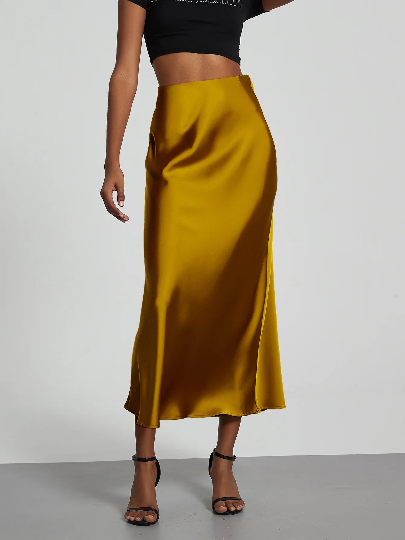 Elegant High Waist Long Satin Skirt