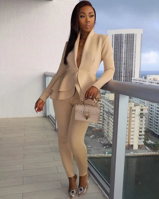 Full Sleeve Blazer Pencil Pants Two Piece Suit Set