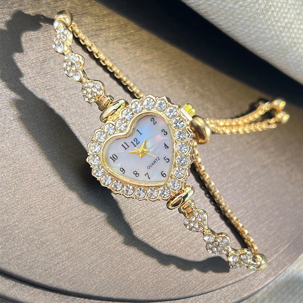 Heart-shaped  Diamond-Studded Flower Watch with Adjustable Bracelet