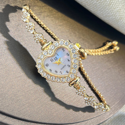 Heart-shaped  Diamond-Studded Flower Watch with Adjustable Bracelet