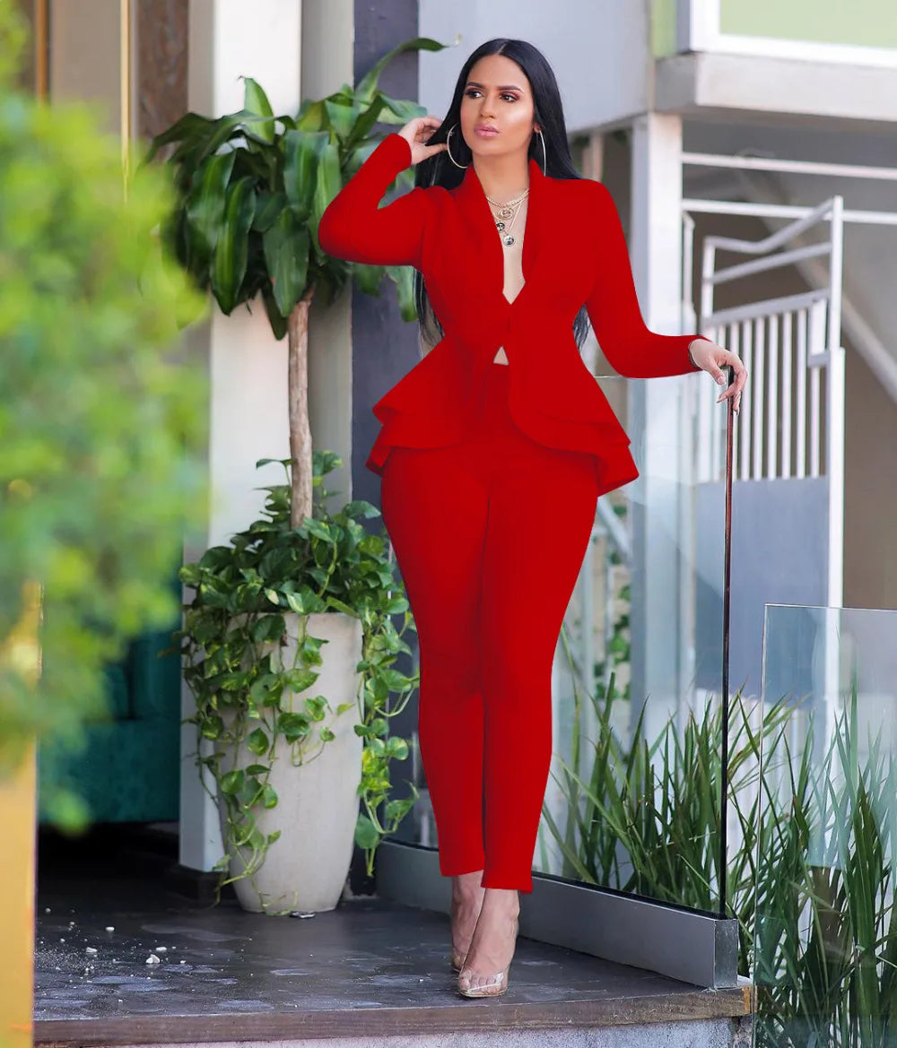 Full Sleeve Blazer Pencil Pants Two Piece Suit Set