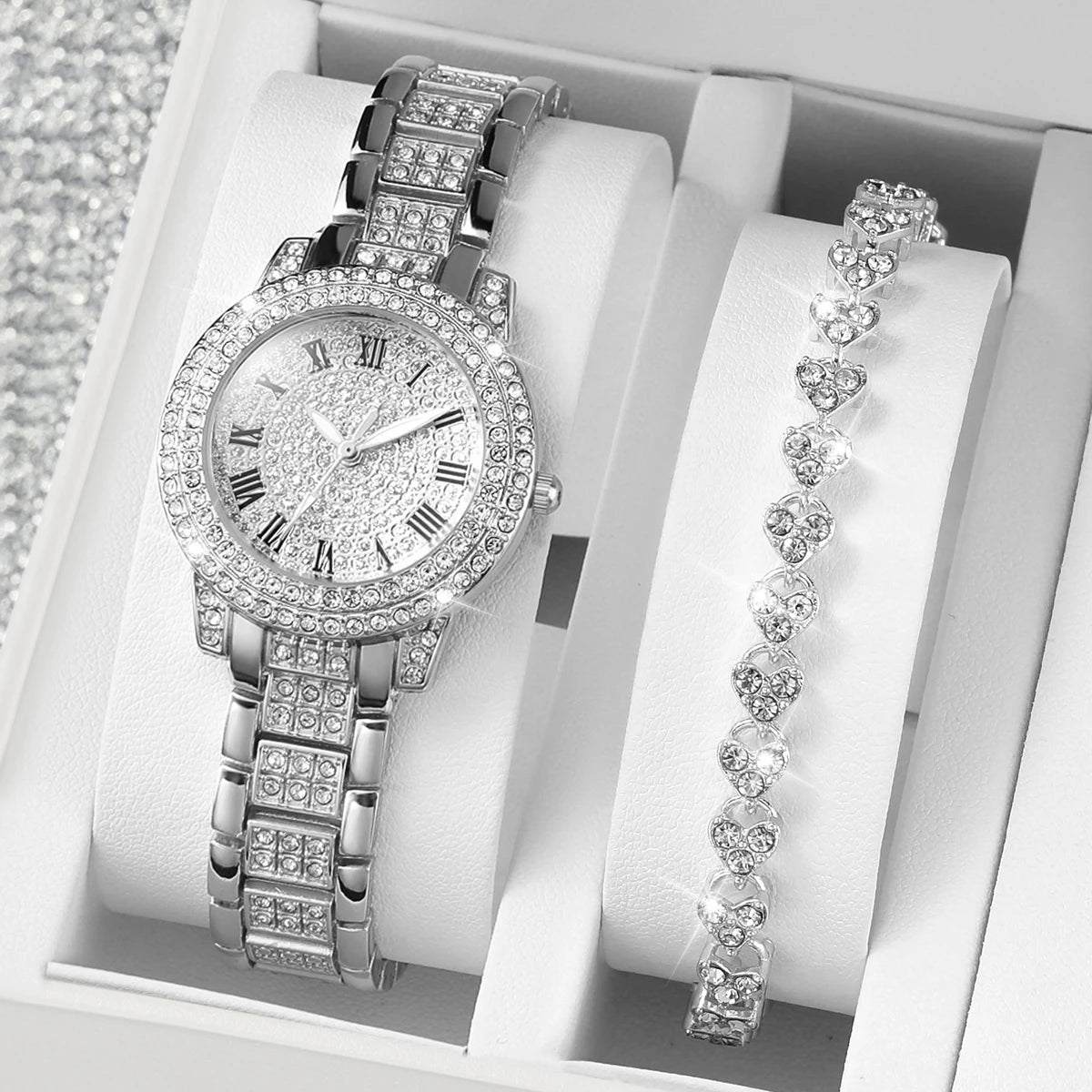 2pcs Women Stainless Steel Band Diamond  Watch and Bracelet Set