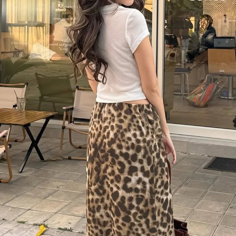 Elegant Long High-Waist Leopard Skirt