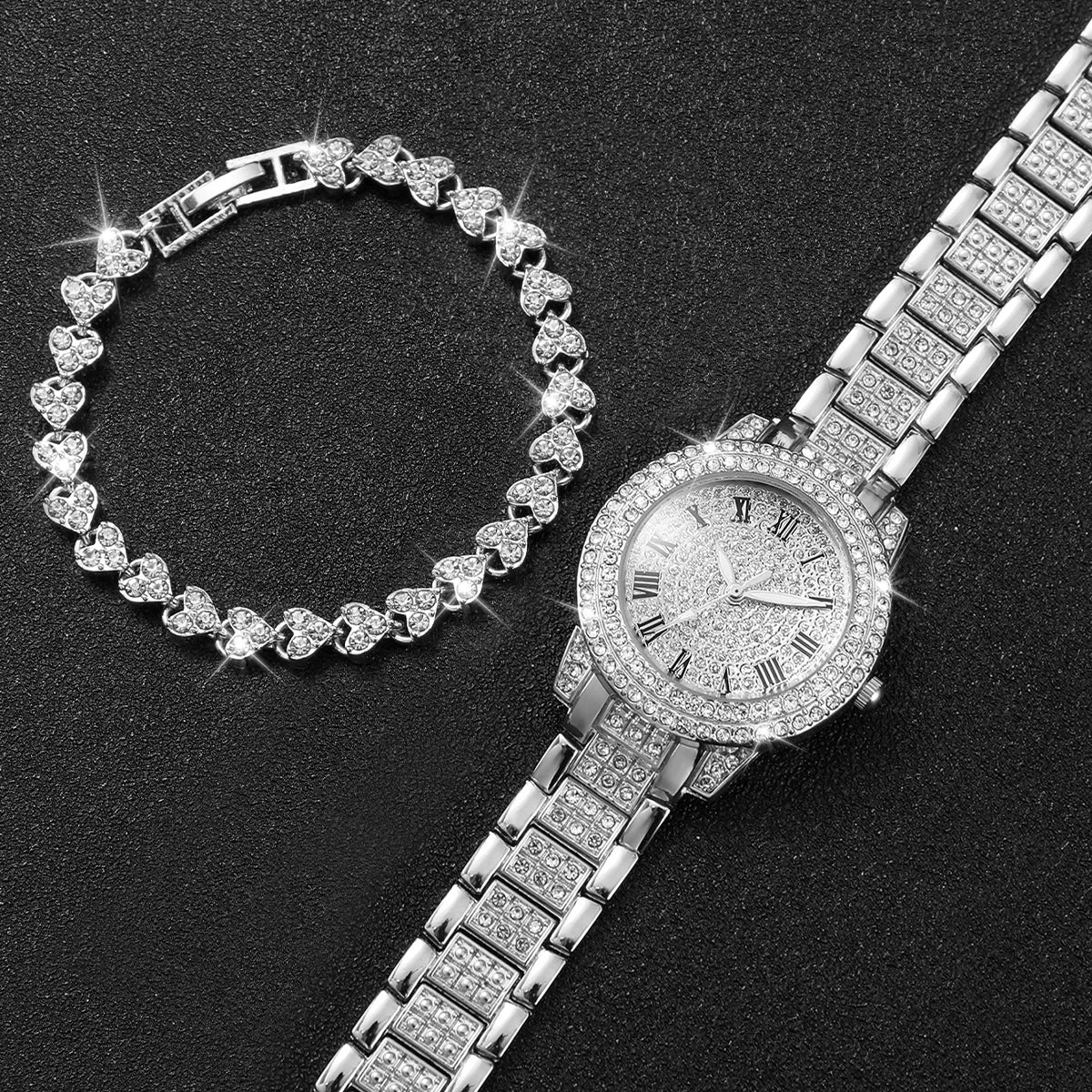 2pcs Women Stainless Steel Band Diamond  Watch and Bracelet Set