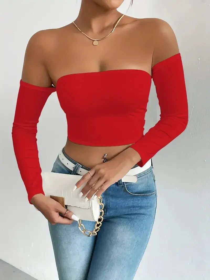 Women's Off-Shoulder Long-Sleeve Crop Top