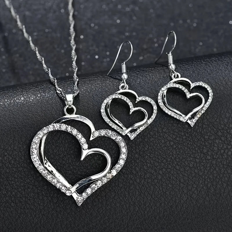 Double-layer  Heart-shaped Pendant Necklace and Earring Set