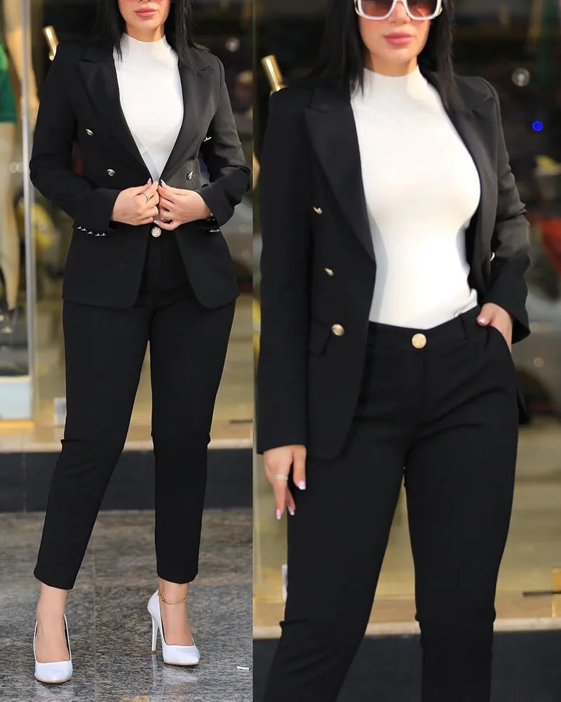 Elegant 2 Piece Long Sleeve Blazer & High Waist Pants Set
