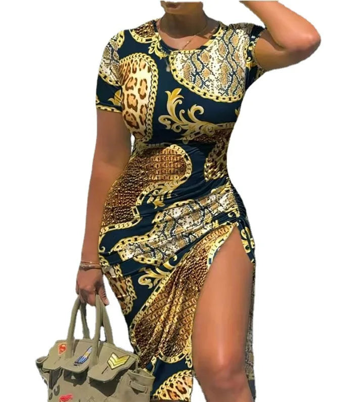 Women Fashion Short Sleeves Drawstring Slit Dress