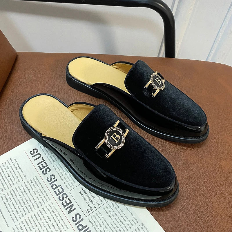 New Fashion Half Slippers Suede Patchwork Metal Buckle