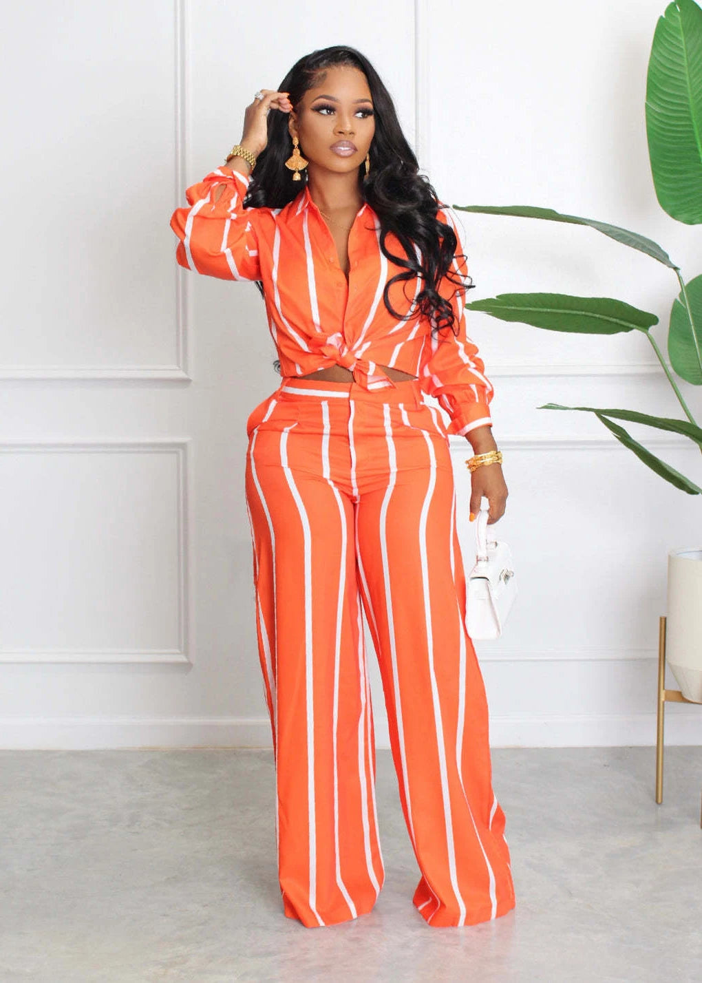 Striped Shirt, Long Sleeve, Loose-Fit Pants, Two-piece Suit Set