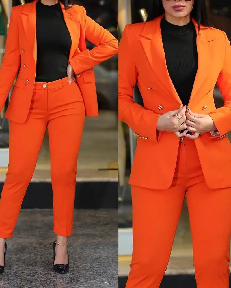 Elegant 2 Piece Long Sleeve Blazer & High Waist Pants Set