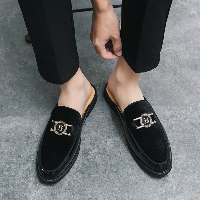 New Fashion Half Slippers Suede Patchwork Metal Buckle