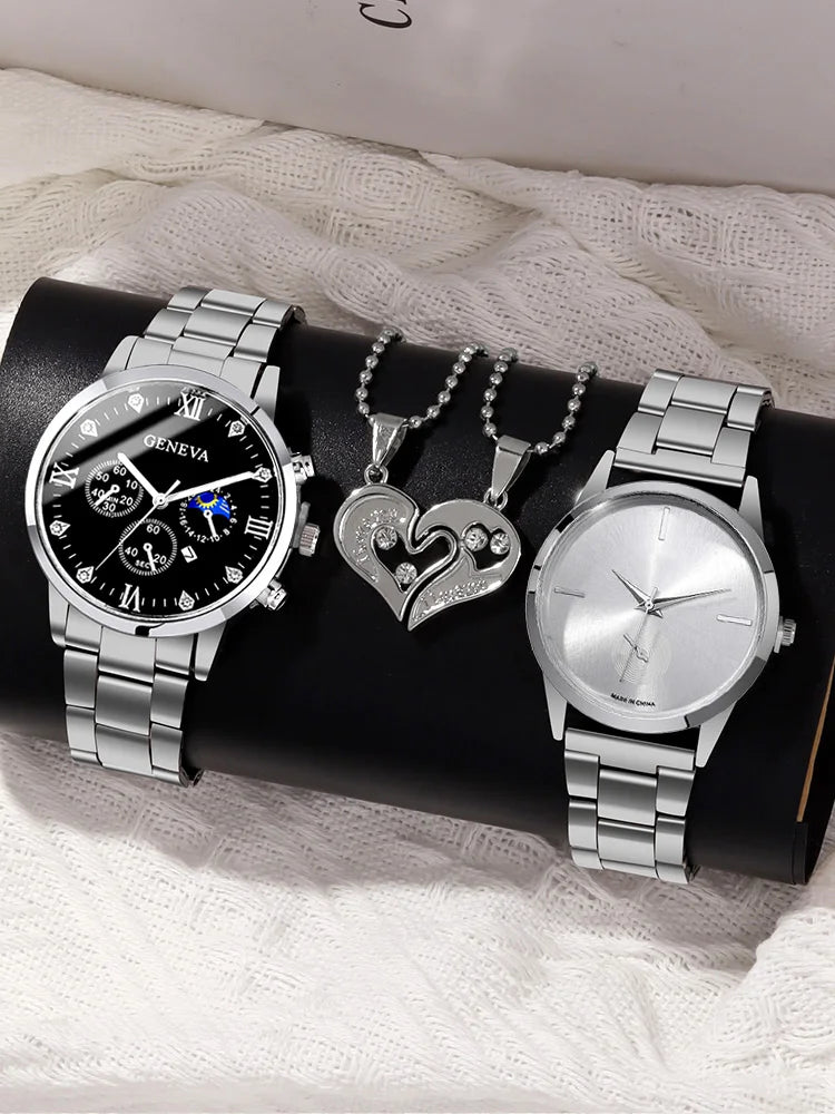 4pcs Fashion Versatile Couple Watch+Couple Necklace