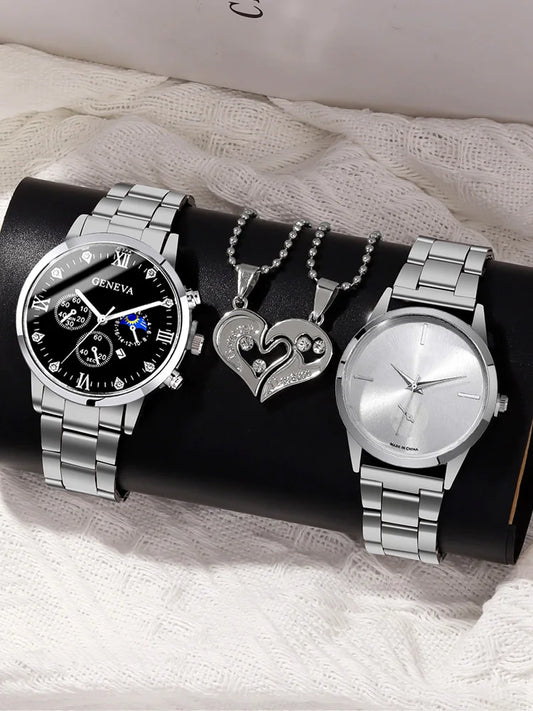 4pcs Fashion Versatile Couple Watch+Couple Necklace