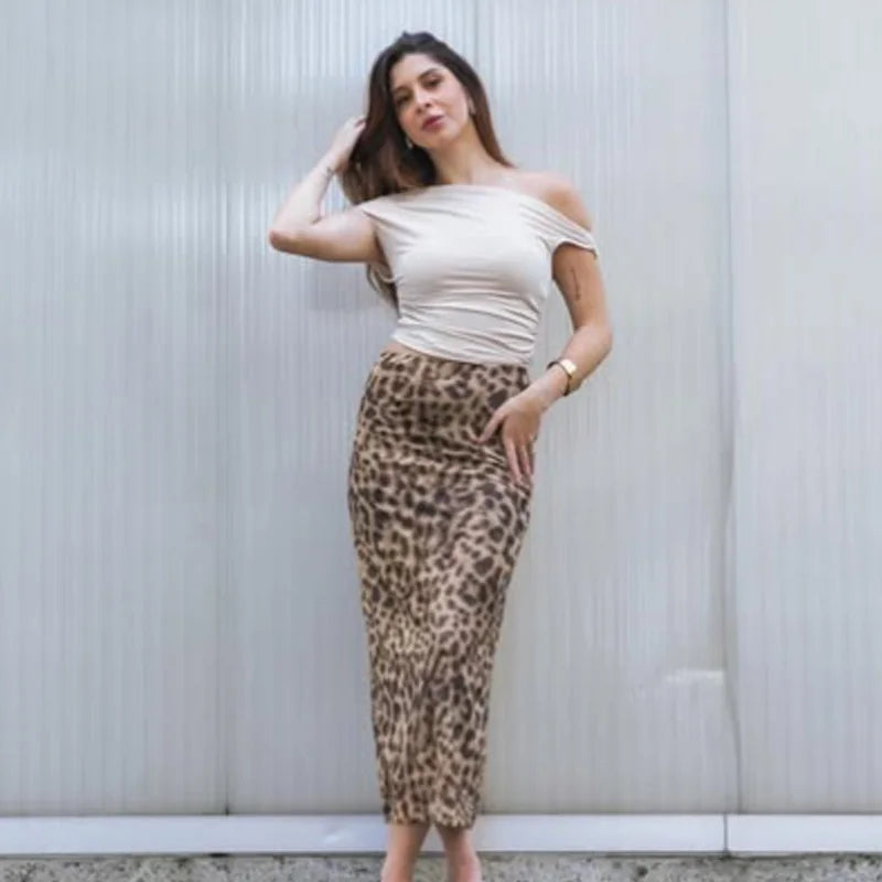 Elegant Long High-Waist Leopard Skirt