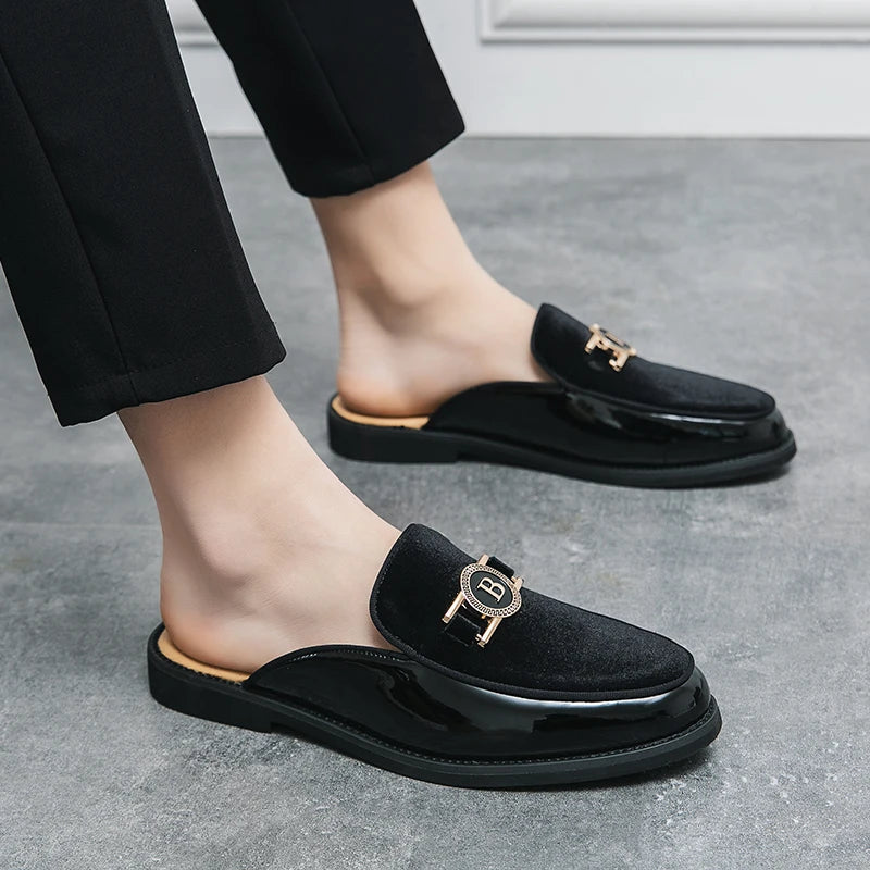 New Fashion Half Slippers Suede Patchwork Metal Buckle