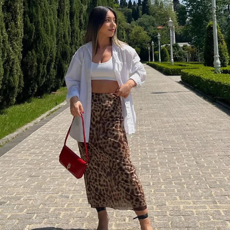 Elegant Long High-Waist Leopard Skirt