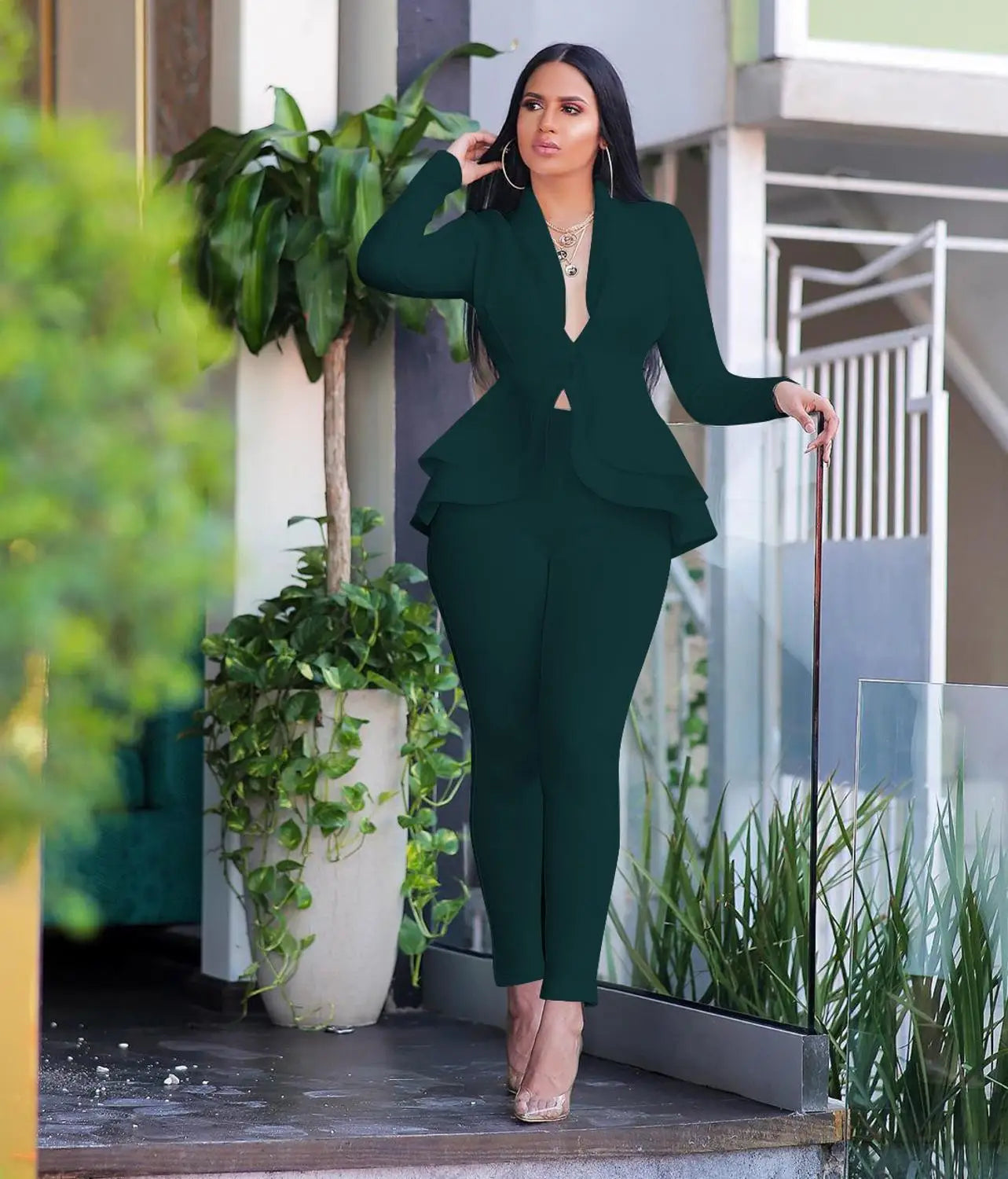 Full Sleeve Blazer Pencil Pants Two Piece Suit Set