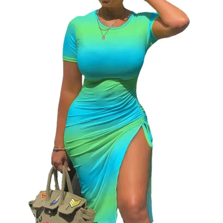 Women Fashion Short Sleeves Drawstring Slit Dress