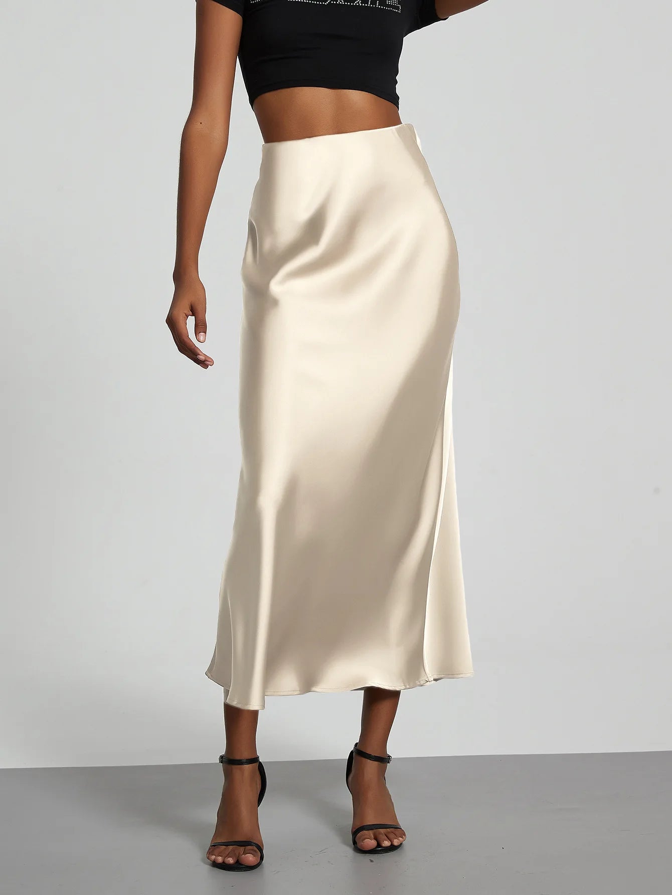 Elegant High Waist Long Satin Skirt