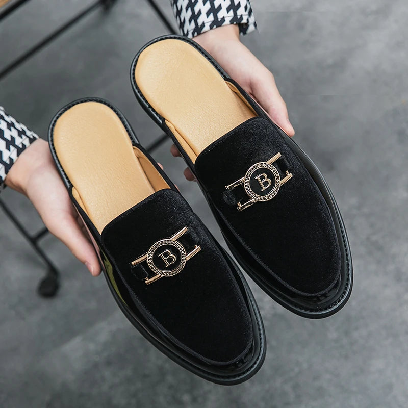 New Fashion Half Slippers Suede Patchwork Metal Buckle