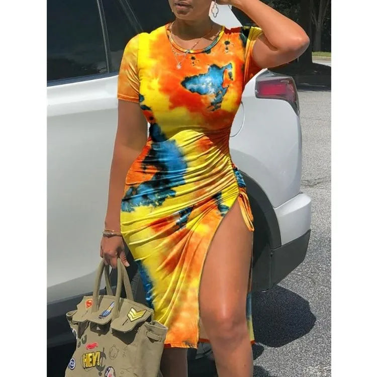 Women Fashion Short Sleeves Drawstring Slit Dress
