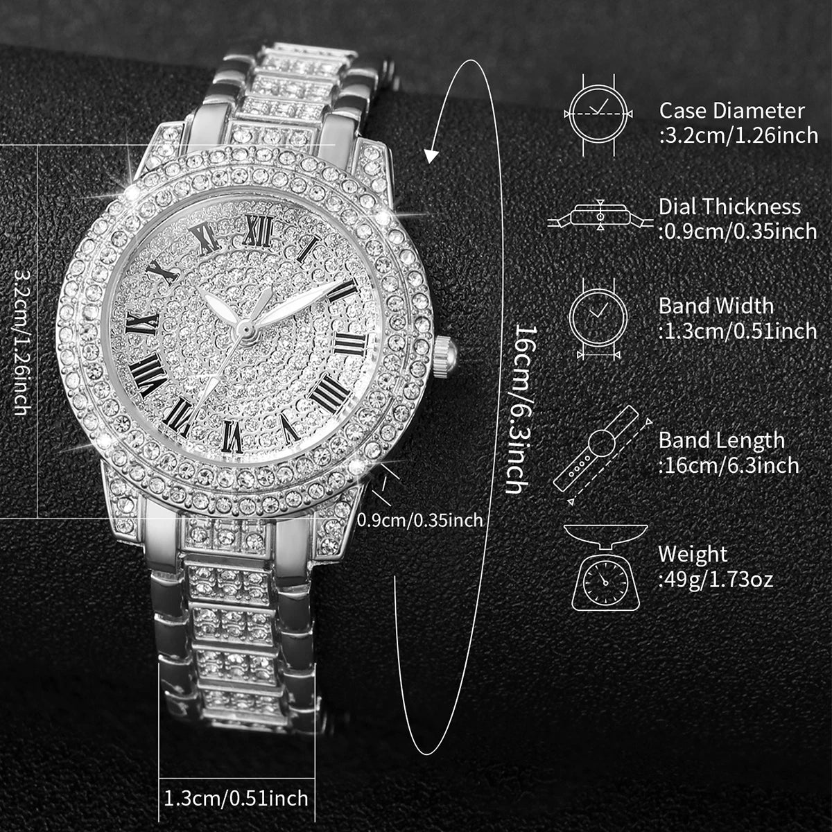 2pcs Women Stainless Steel Band Diamond  Watch and Bracelet Set