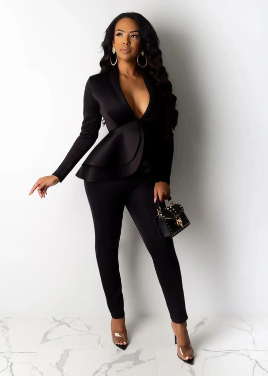 Full Sleeve Blazer Pencil Pants Two Piece Suit Set