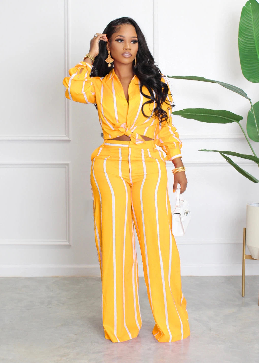 Striped Shirt, Long Sleeve, Loose-Fit Pants, Two-piece Suit Set
