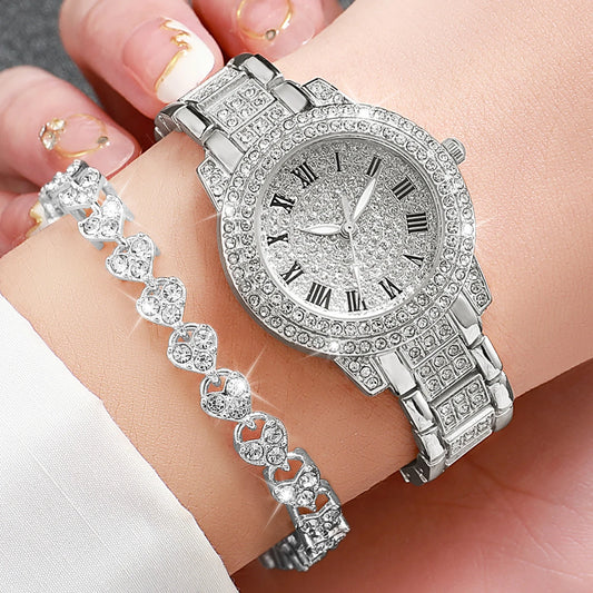 2pcs Women Stainless Steel Band Diamond  Watch and Bracelet Set